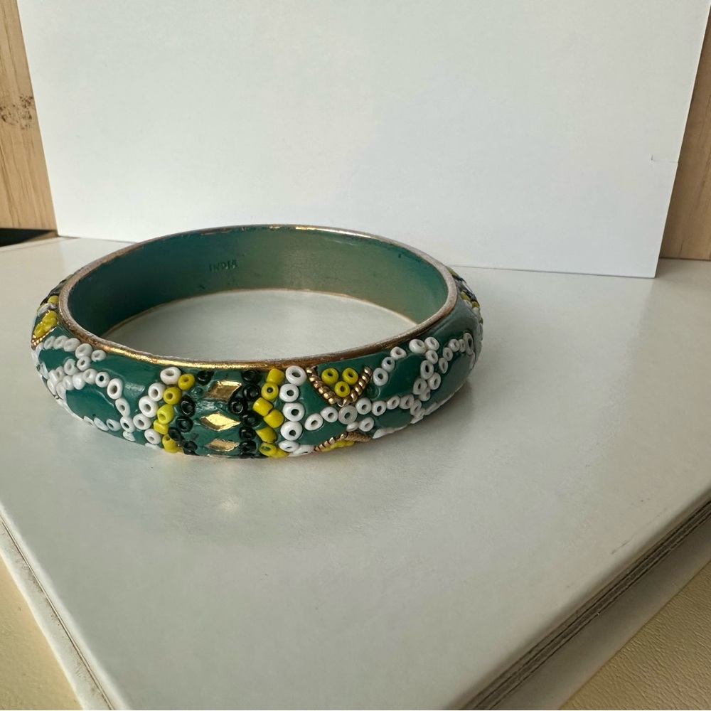 Vintage India Wooden Green Bracelet Bangle w Gold & Beaded Trim - Picture 2 of 7